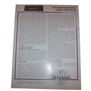 Vintage McIntosh MC754 Power Amplifier Techni-Data Quicksheet Specifications